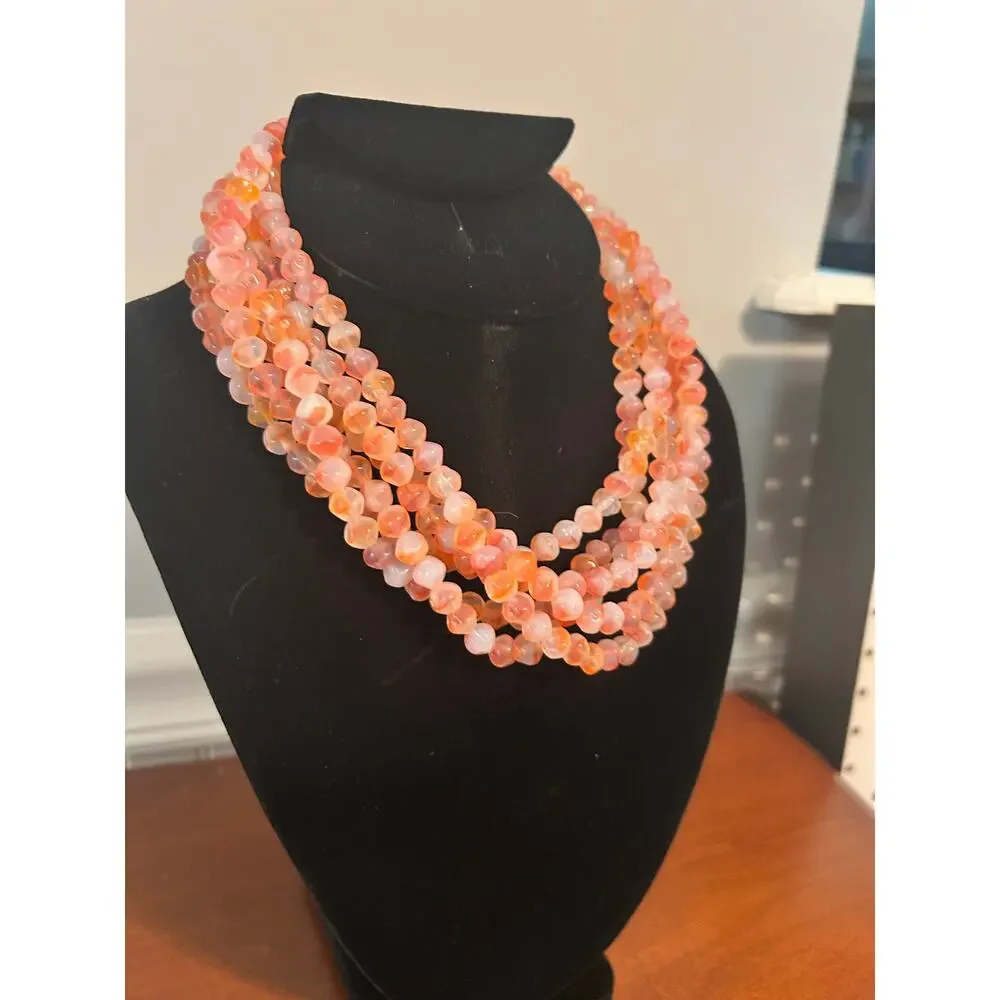 Orange Botswana Agate Gemstone Necklace 6 Strand Faceted Peach Cream 18 Inch